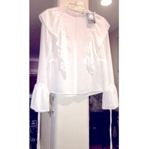 Ruffled Chiffon Blouse, Beautiful with Long Ribbons at Cuffs, NWT…